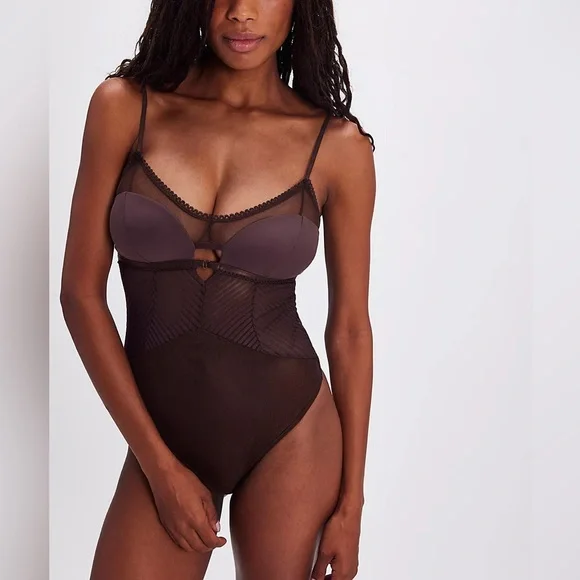 Free People Intimately Night After Night Mesh Sheer Striped Cut Out Bodysuit